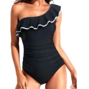 TEMPT ME One Piece Ruffle One Shoulder Black White Trim Swimsuit NEW Medium